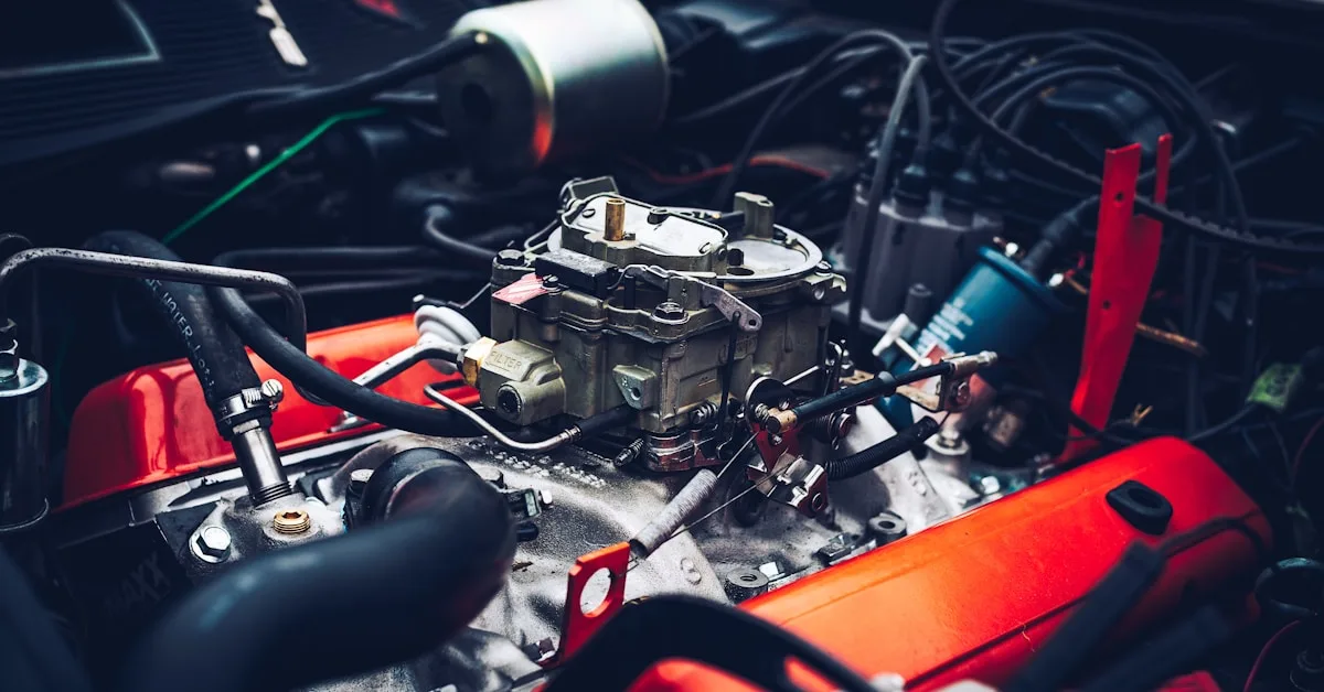 Close do motor de um carro mostrando componentes do sistema de partida