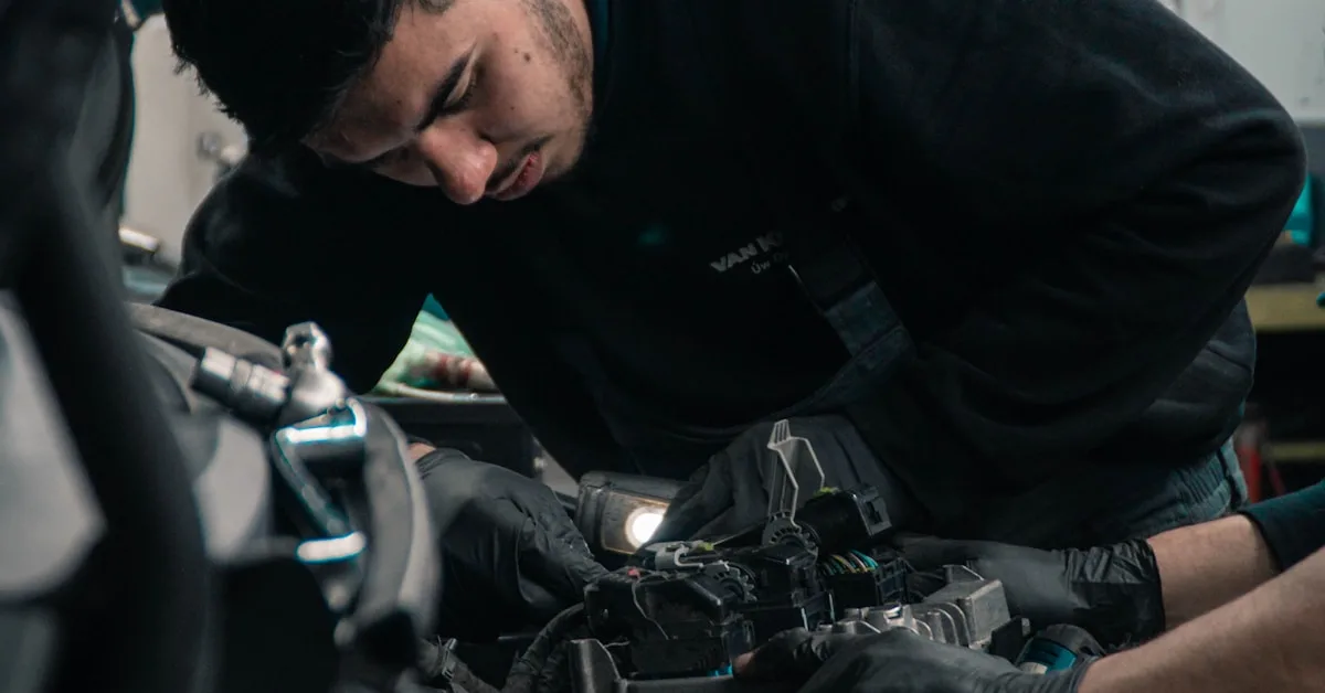 Mecânico inspecionando motor de carro em oficina durante revisão preventiva